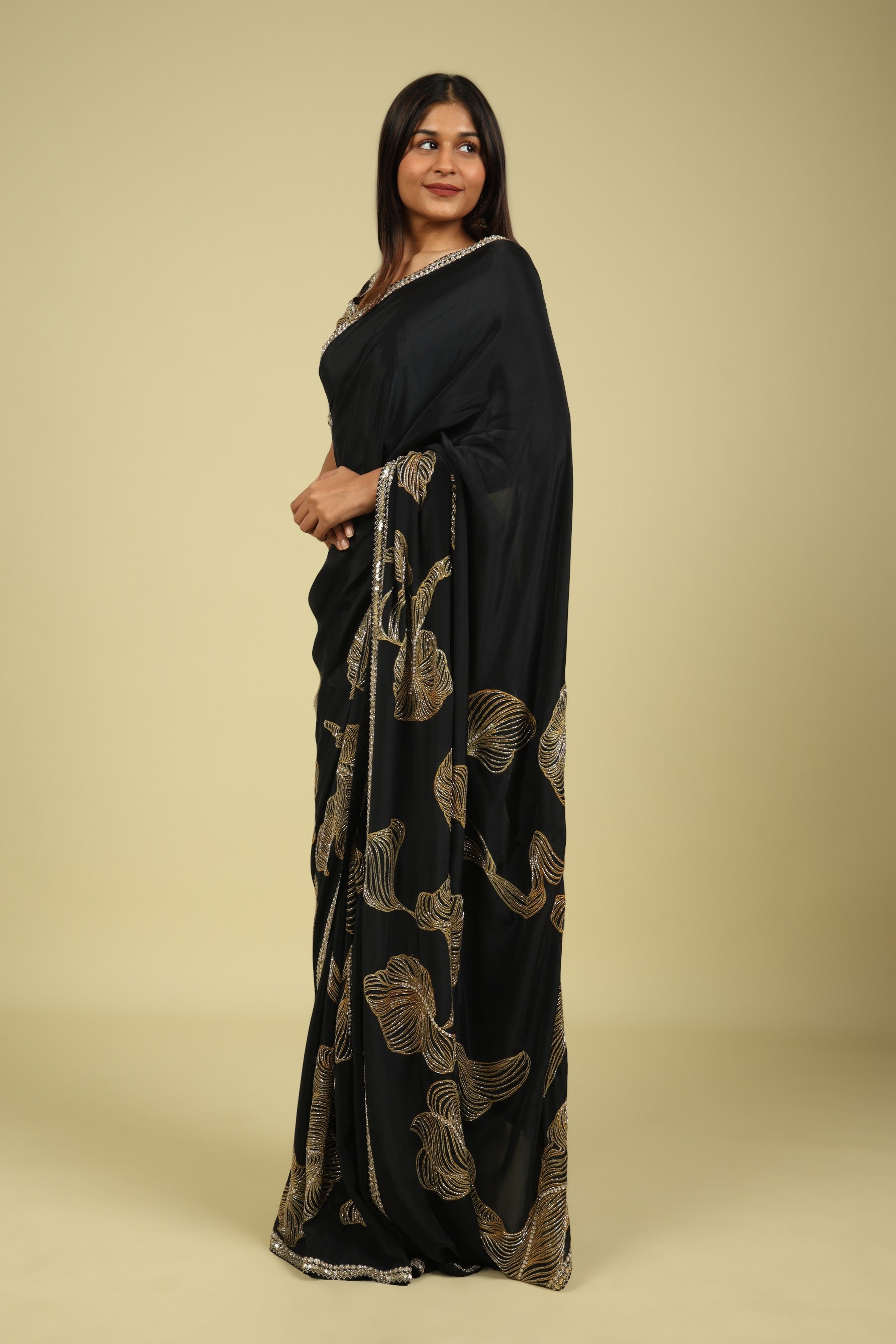 Black Satin Saree with Kardana & Sequin Fancy Work - Mokshaa