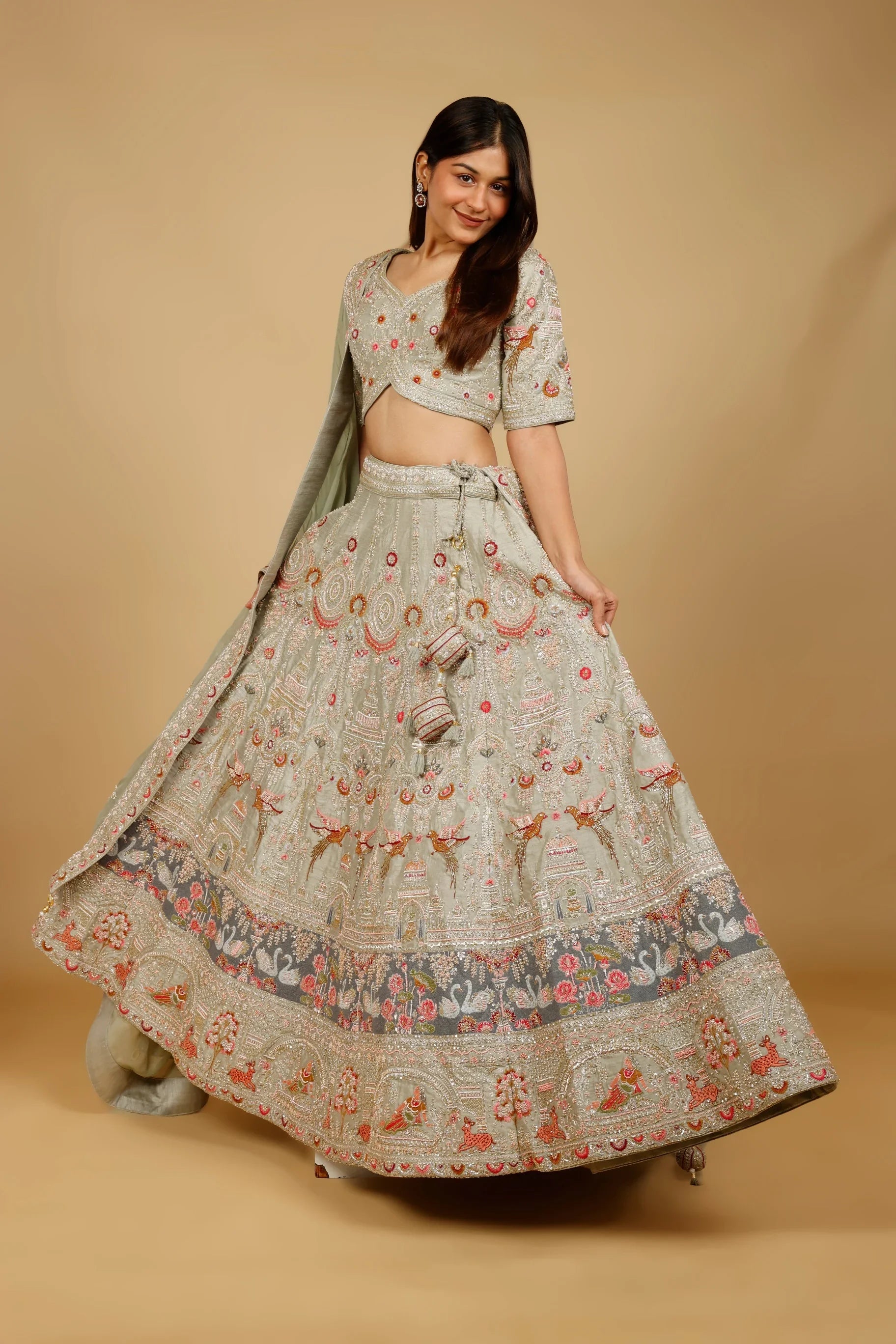 Sage Green Raw Silk Bridal Lehenga Set with Zardozi, Cutdana & Pearl Embroidery - Mokshaa