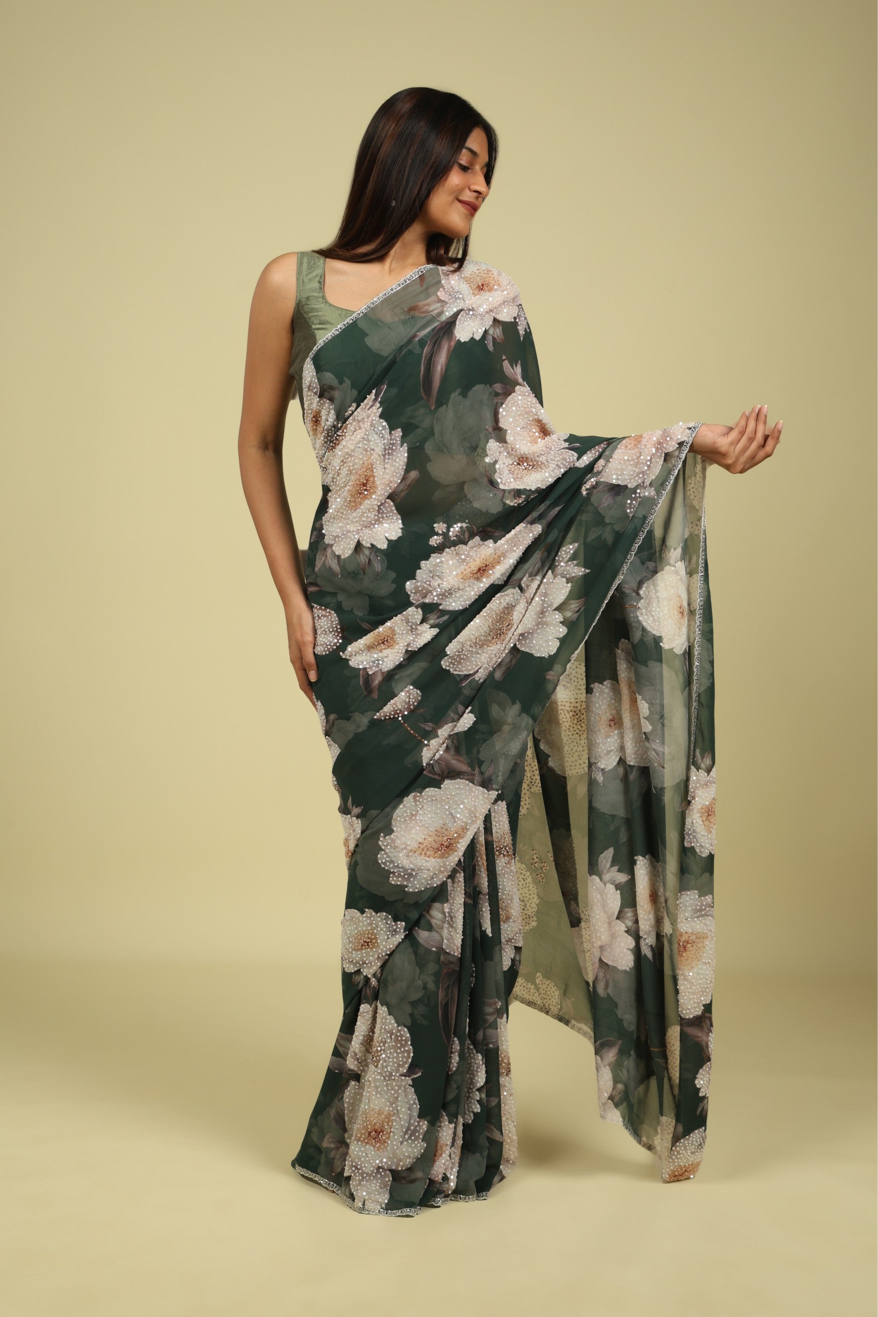 Dusty Green Saree with All-Over Digital Print & Sequin Highlights - Mokshaa