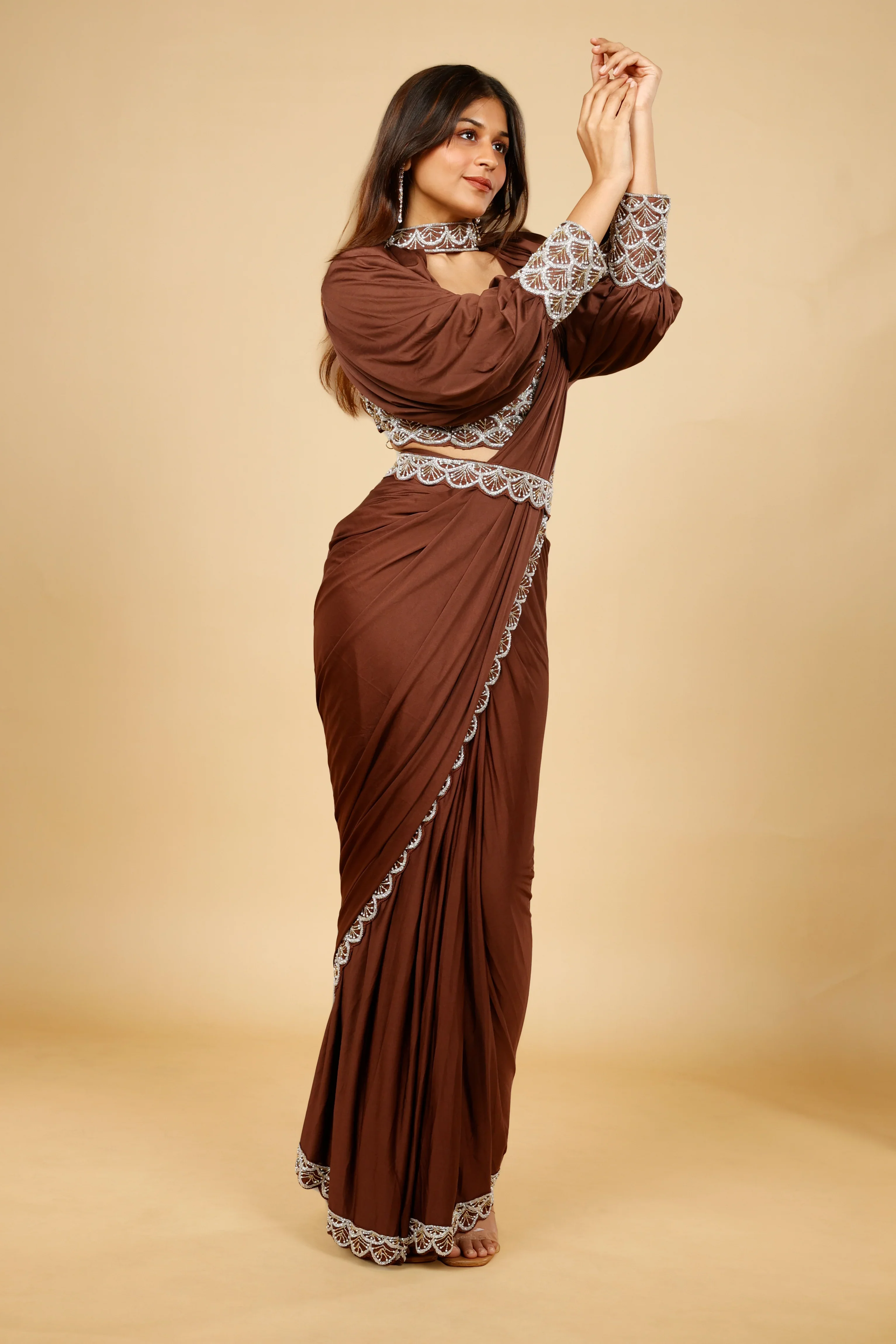 Brown Satin Lycra Drape Saree with Pearl & Cutdana Embroidery - Mokshaa