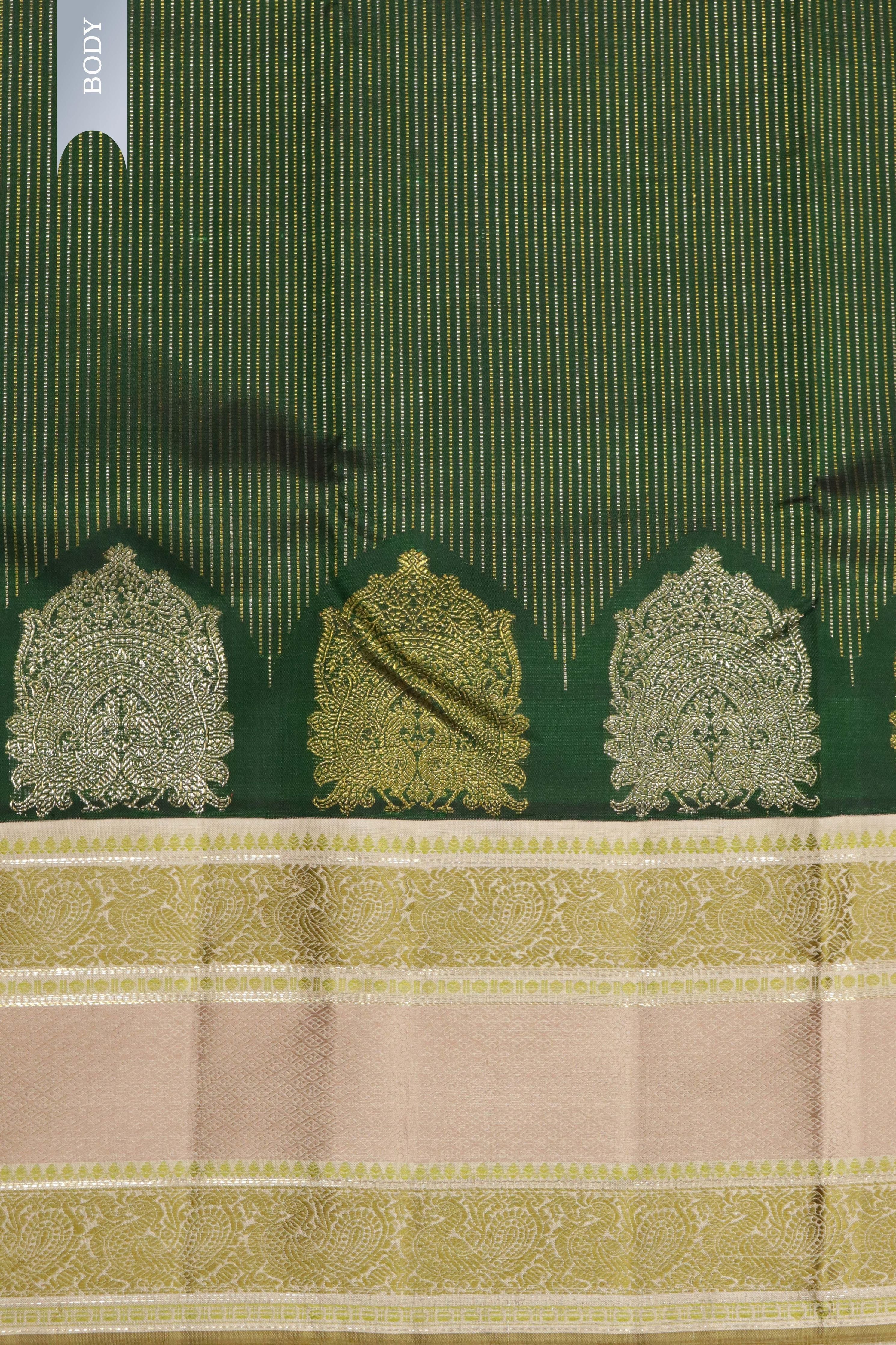 Bottle Green Kanchipuram Silk Saree with Self Stripes, Zari Weaving & Contrast Thread Border - Mokshaa