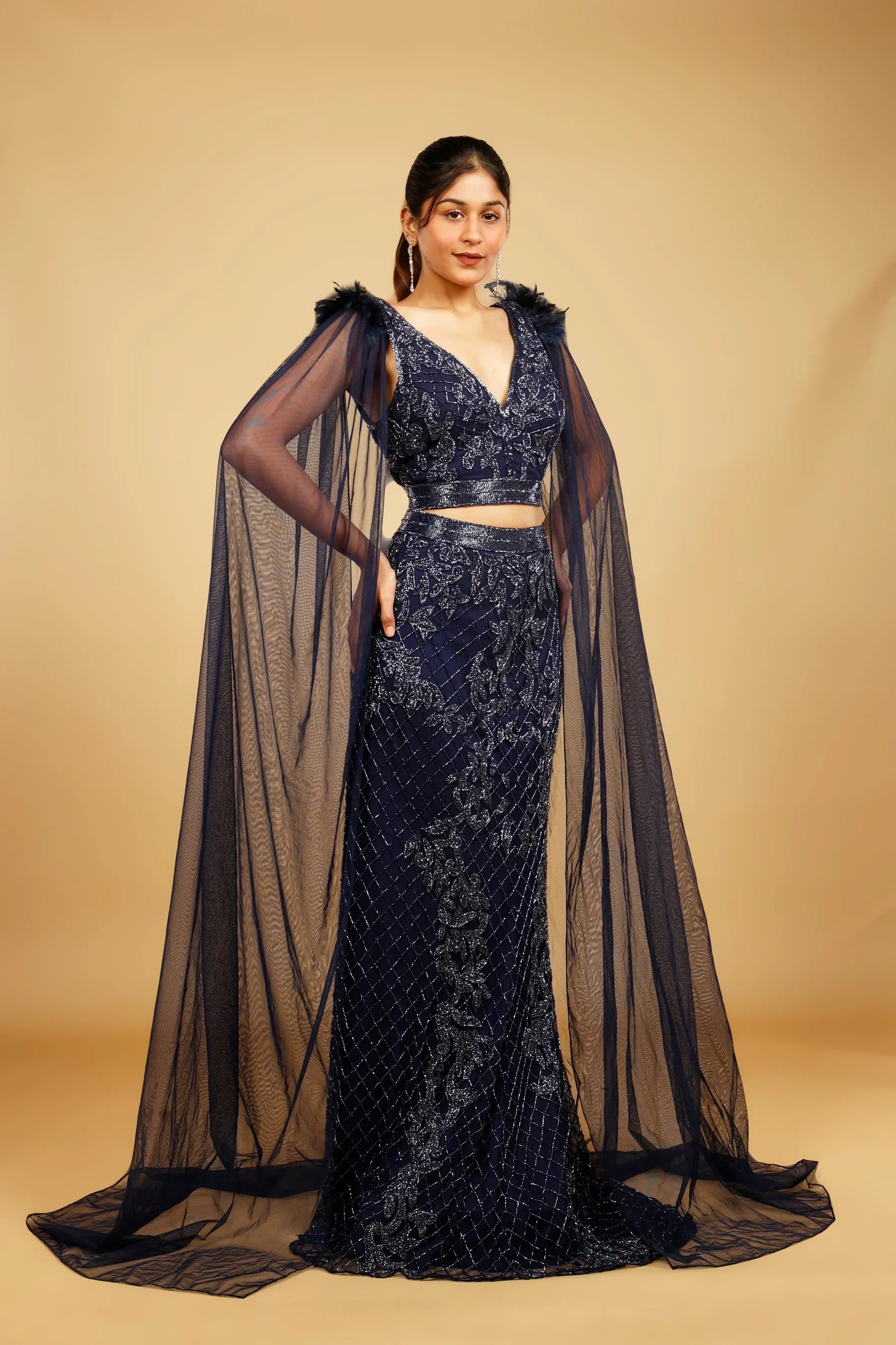 Navy Blue Net Mermaid Skirt Set with Cutdana Embroidery - Mokshaa