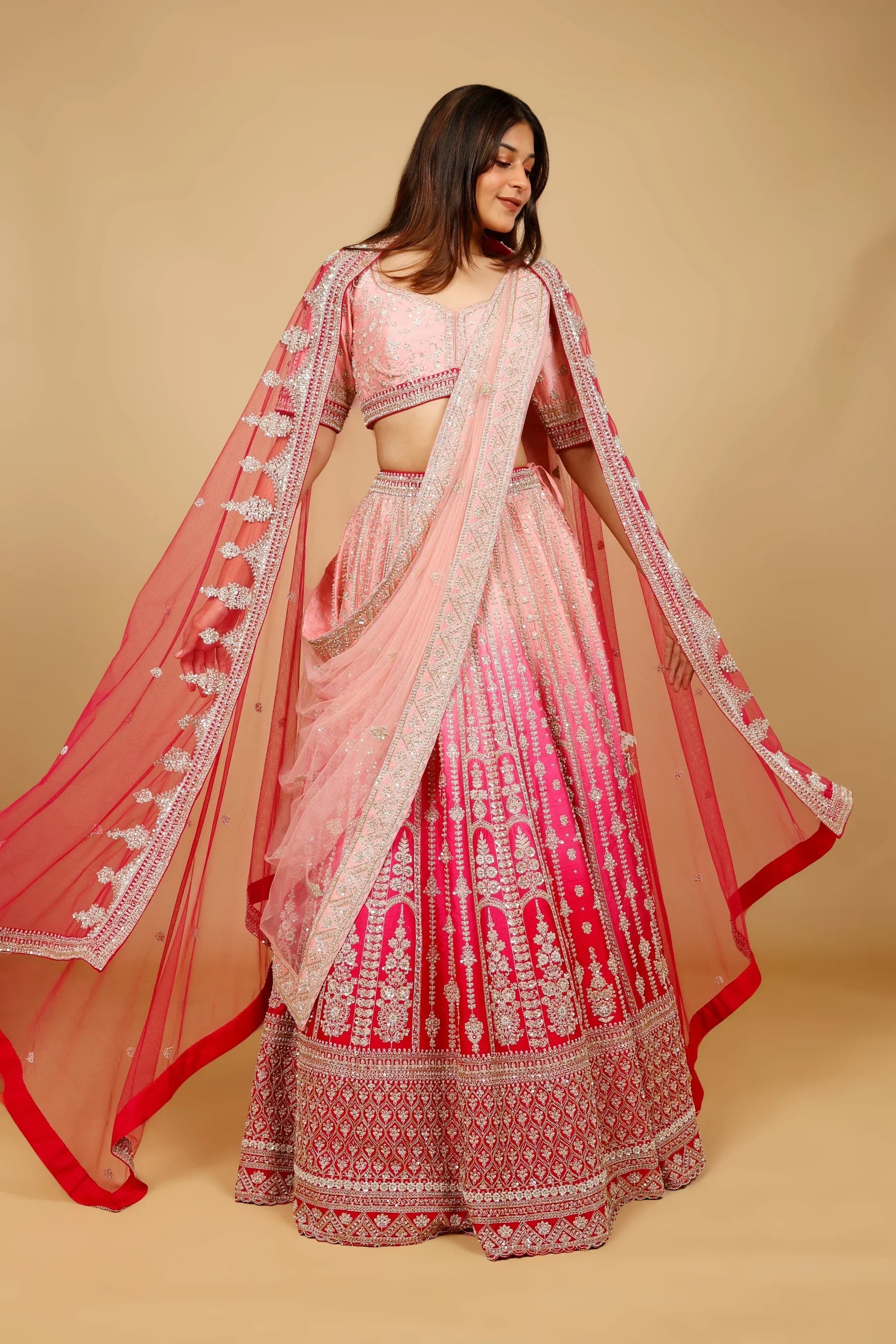 Pink Ombre Raw Silk Bridal Lehenga Set with Zari, Sequin & Zardozi Embroidery - Mokshaa