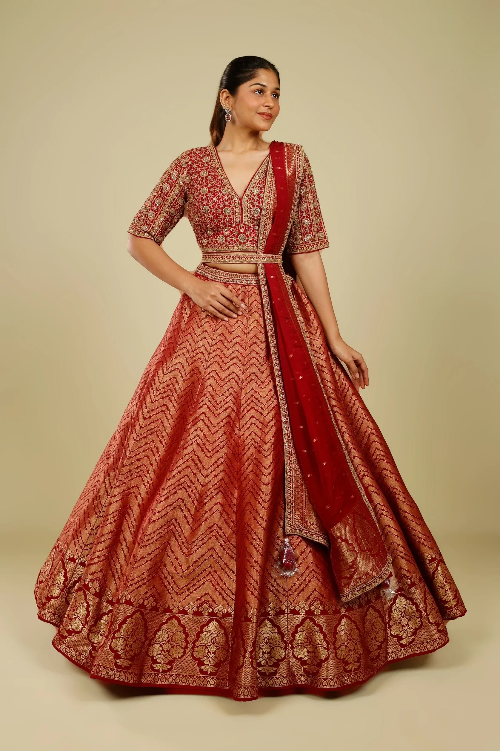 Maroon Banarasi Lehenga Set with Zari, French Knot & Cutdana Embroidery - Mokshaa