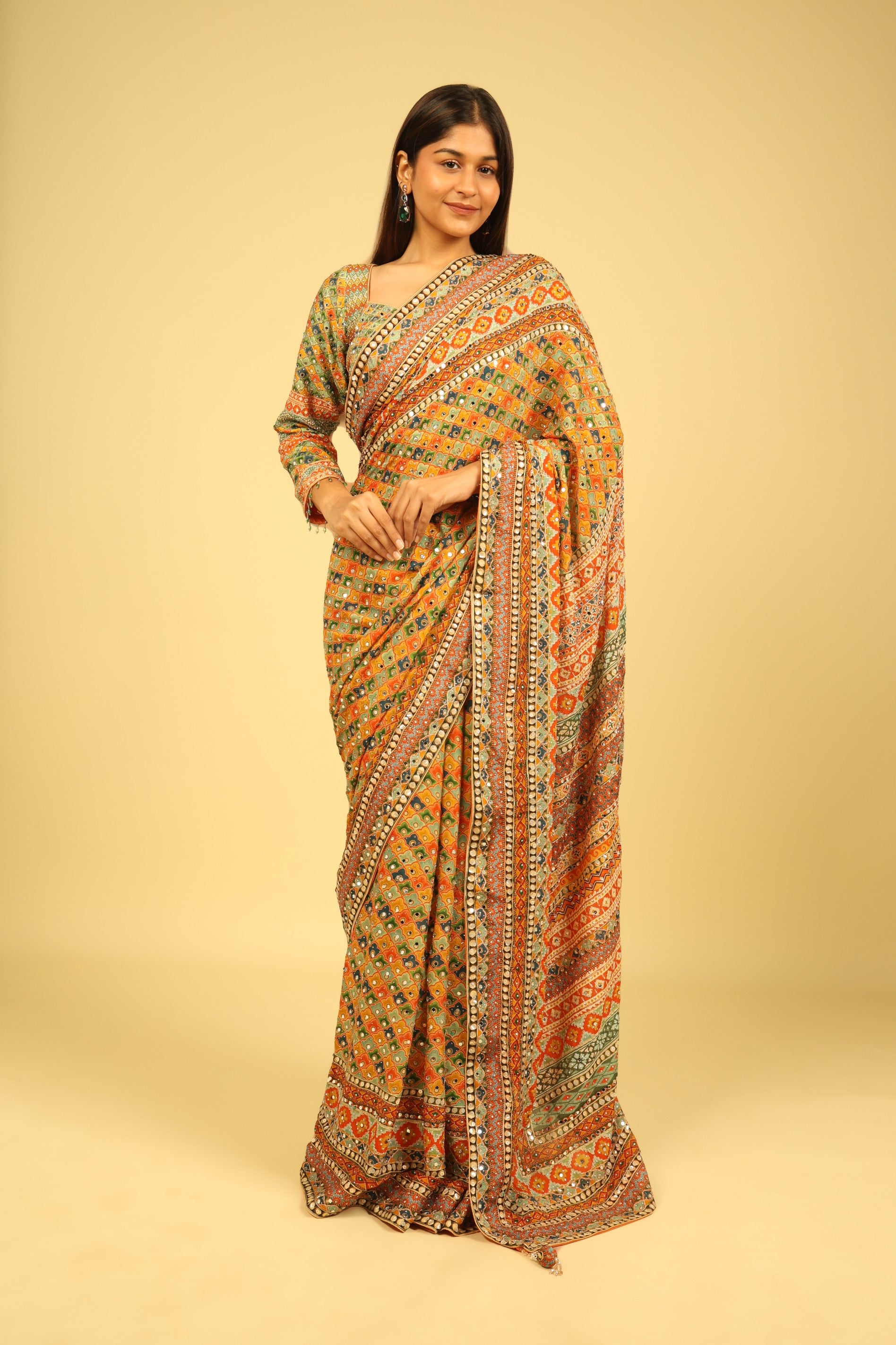 Multicolour Soft Georgette Saree with Digital Print, Sequin & Mirror Highlights - Mokshaa