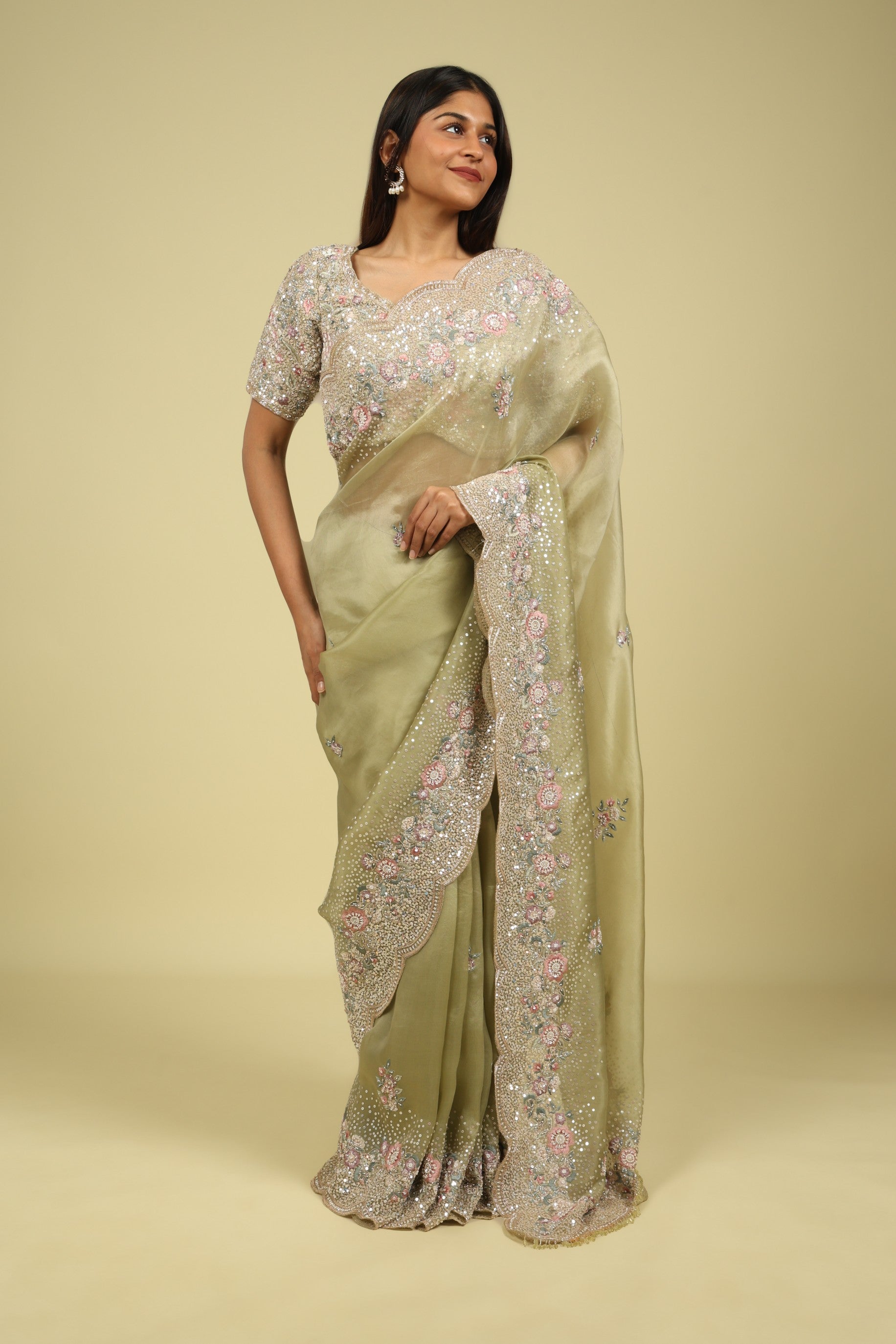 Light Green Organza Saree with Sequin & Thread Embroidery Motifs - Mokshaa