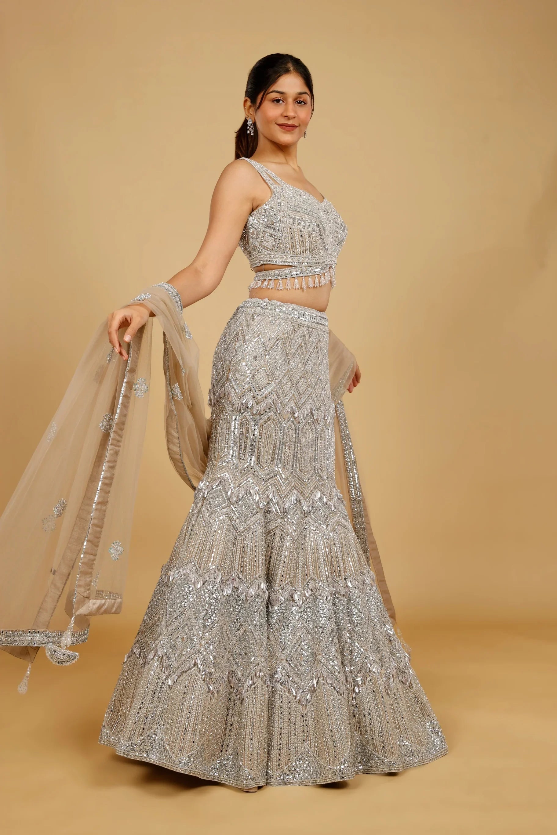 Champagne Net Mermaid Lehenga Set with Mirror, Pearl & Sequin Embroidery - Mokshaa