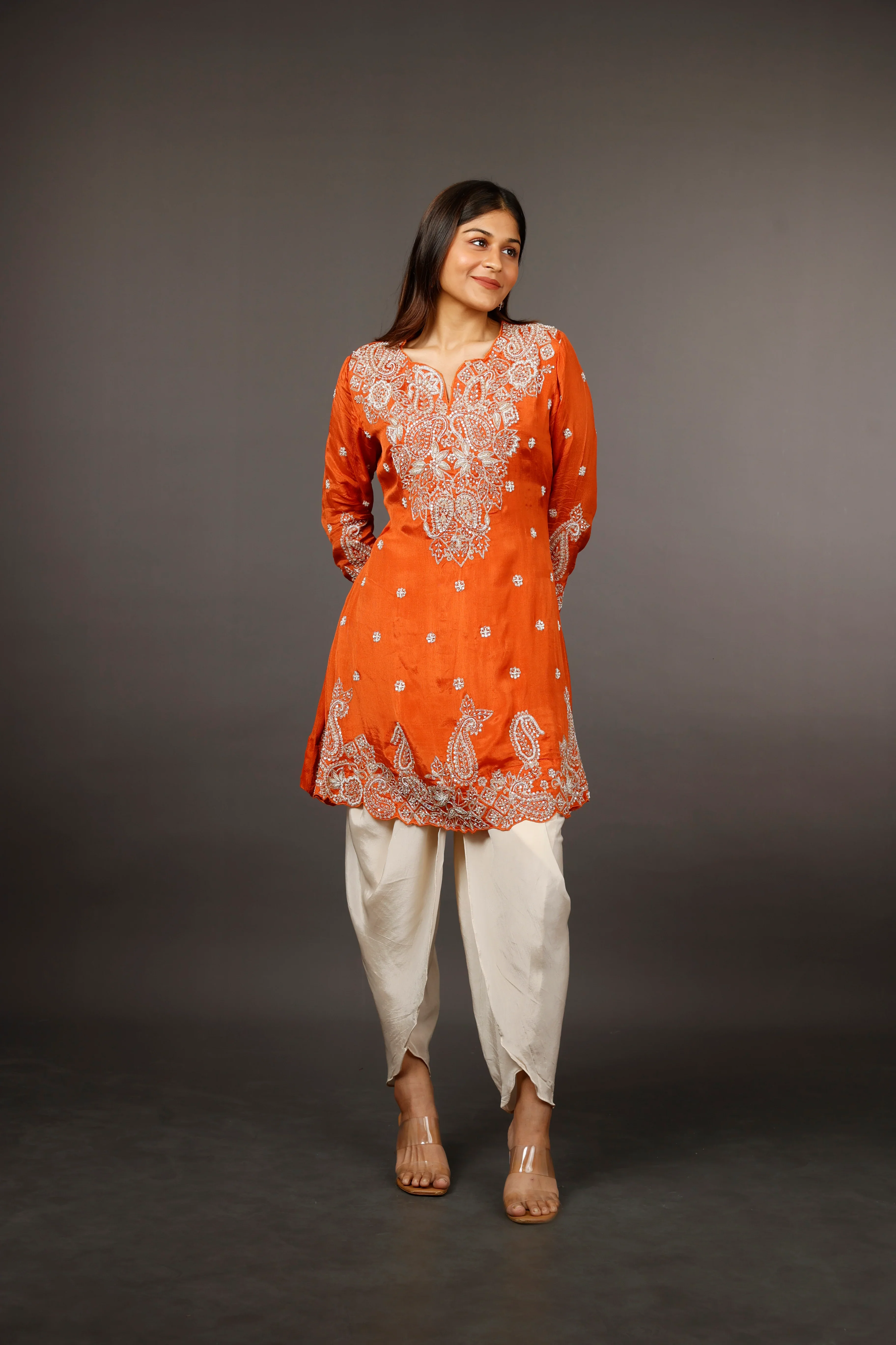 Rust Chinon Silk Indo-Western Kurta with Cream Dhoti Pants - Mokshaa