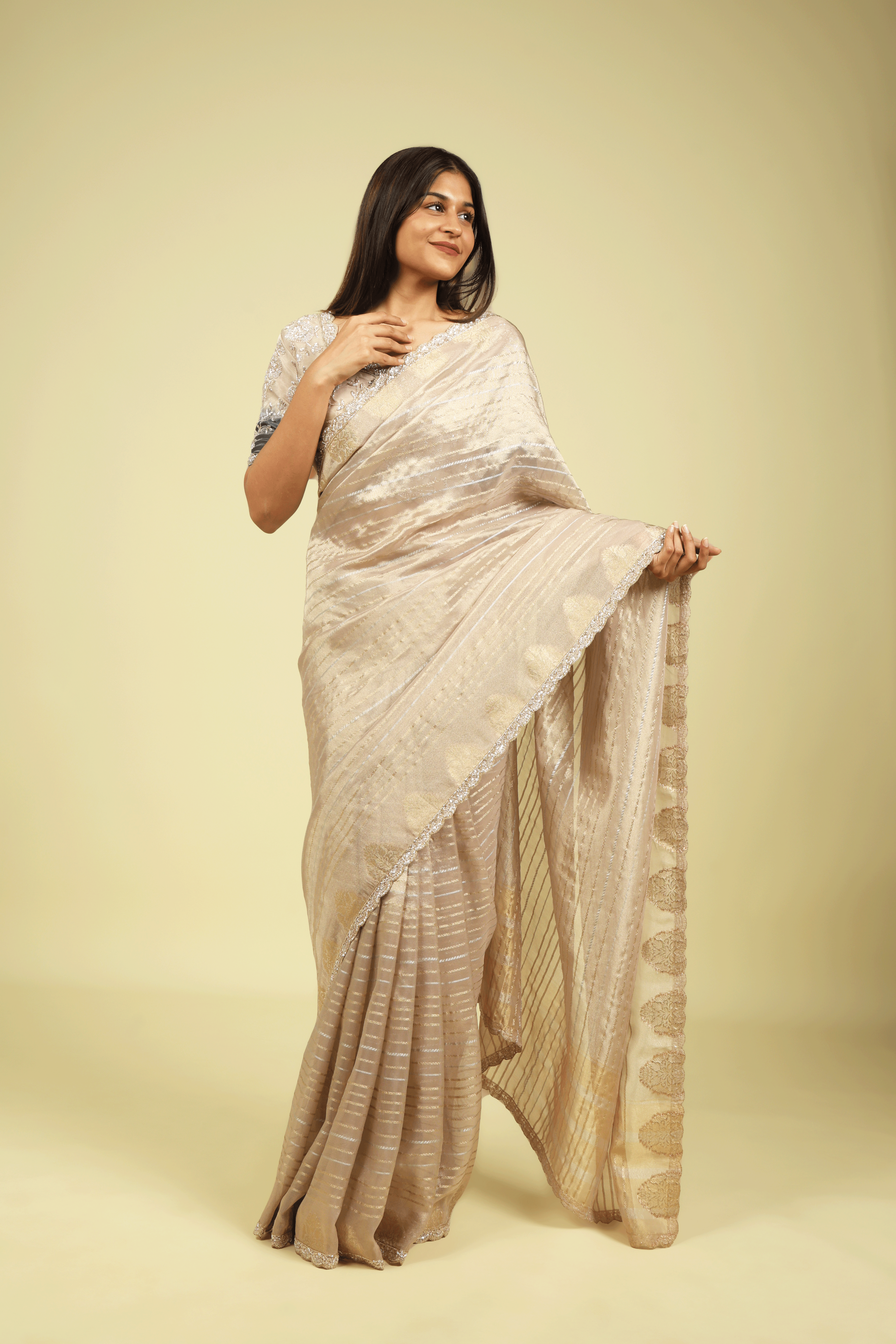 Rose Gold Tissue Saree with Gold & Silver Zari Stripes and Bead-Sequin Border - Mokshaa