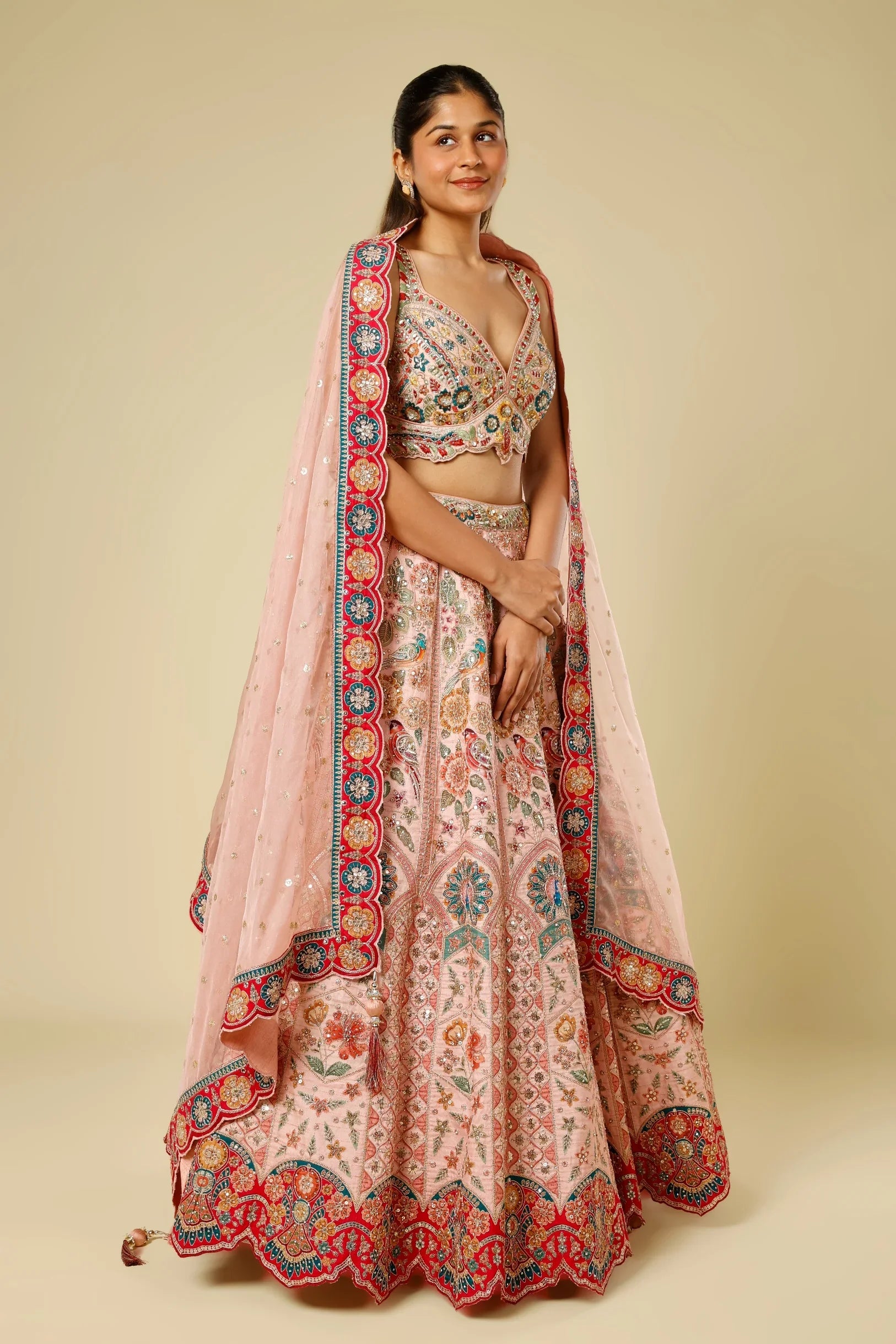 Blush Pink Silk Lehenga Set with Zari, Sequin & Stone Embroidery - Mokshaa