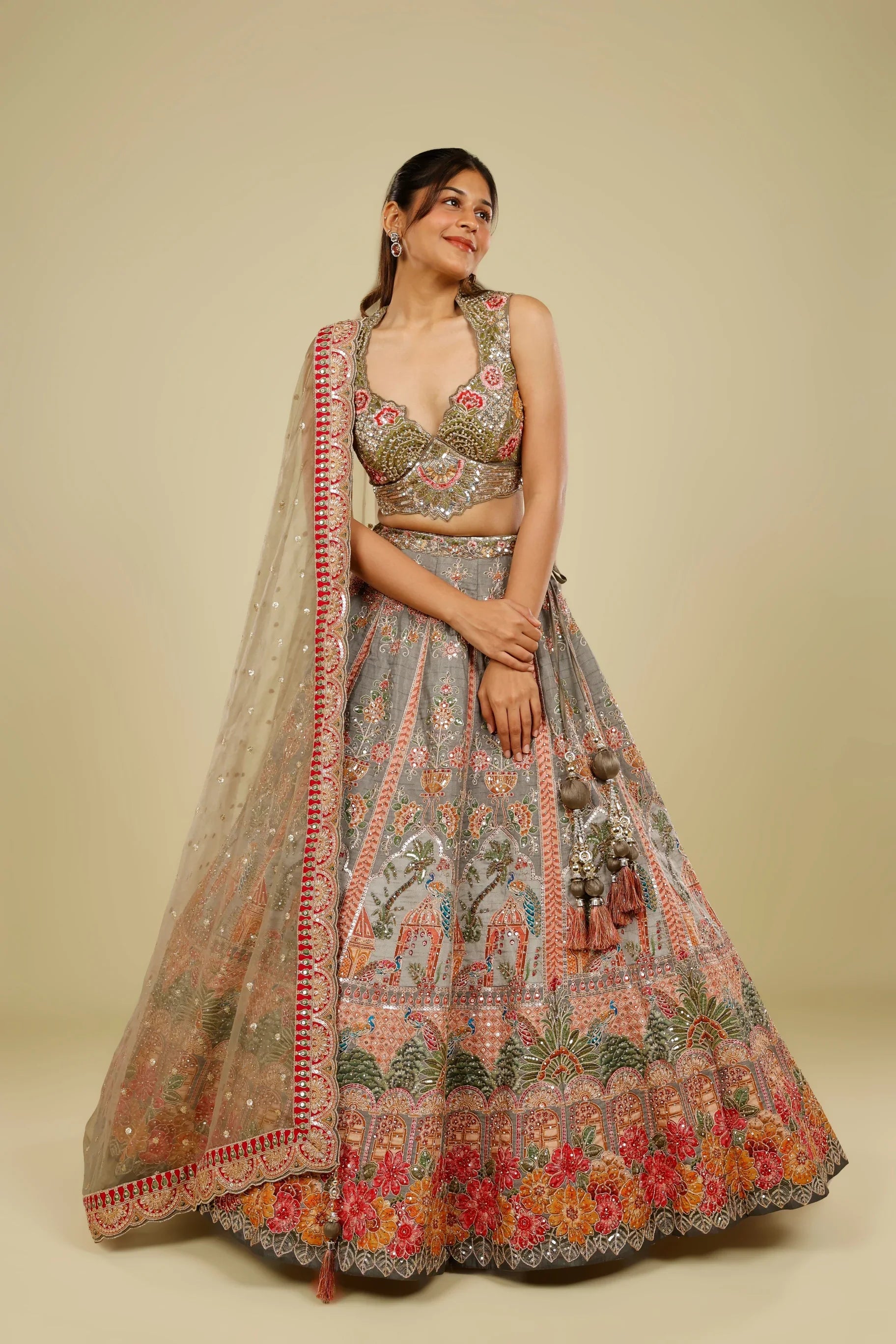 Grey Silk Lehenga Set with Zari, Stone & Sequin Embroidery - Mokshaa
