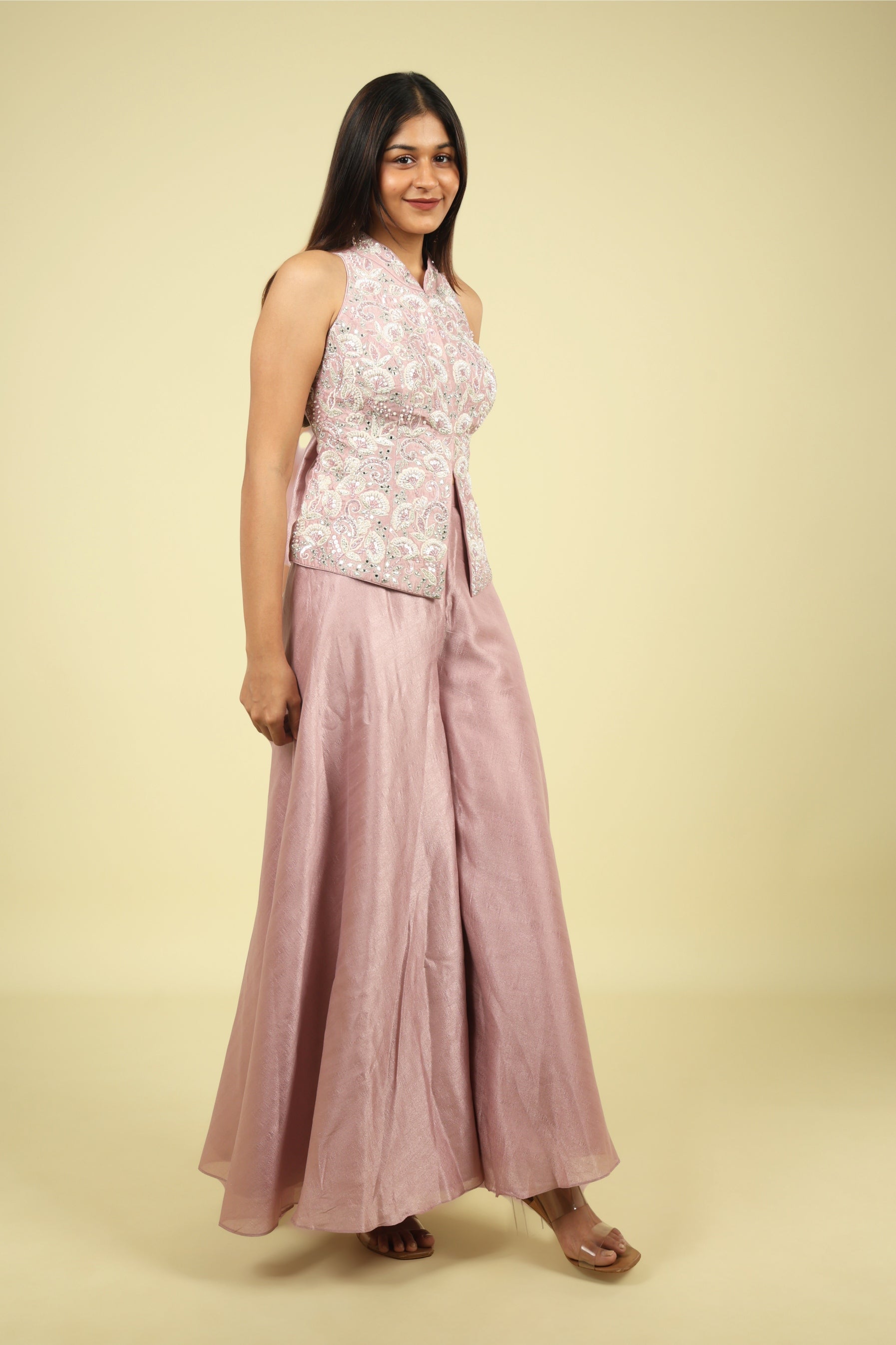Pink Embroidered Silk Top With Palazzo - Mokshaa