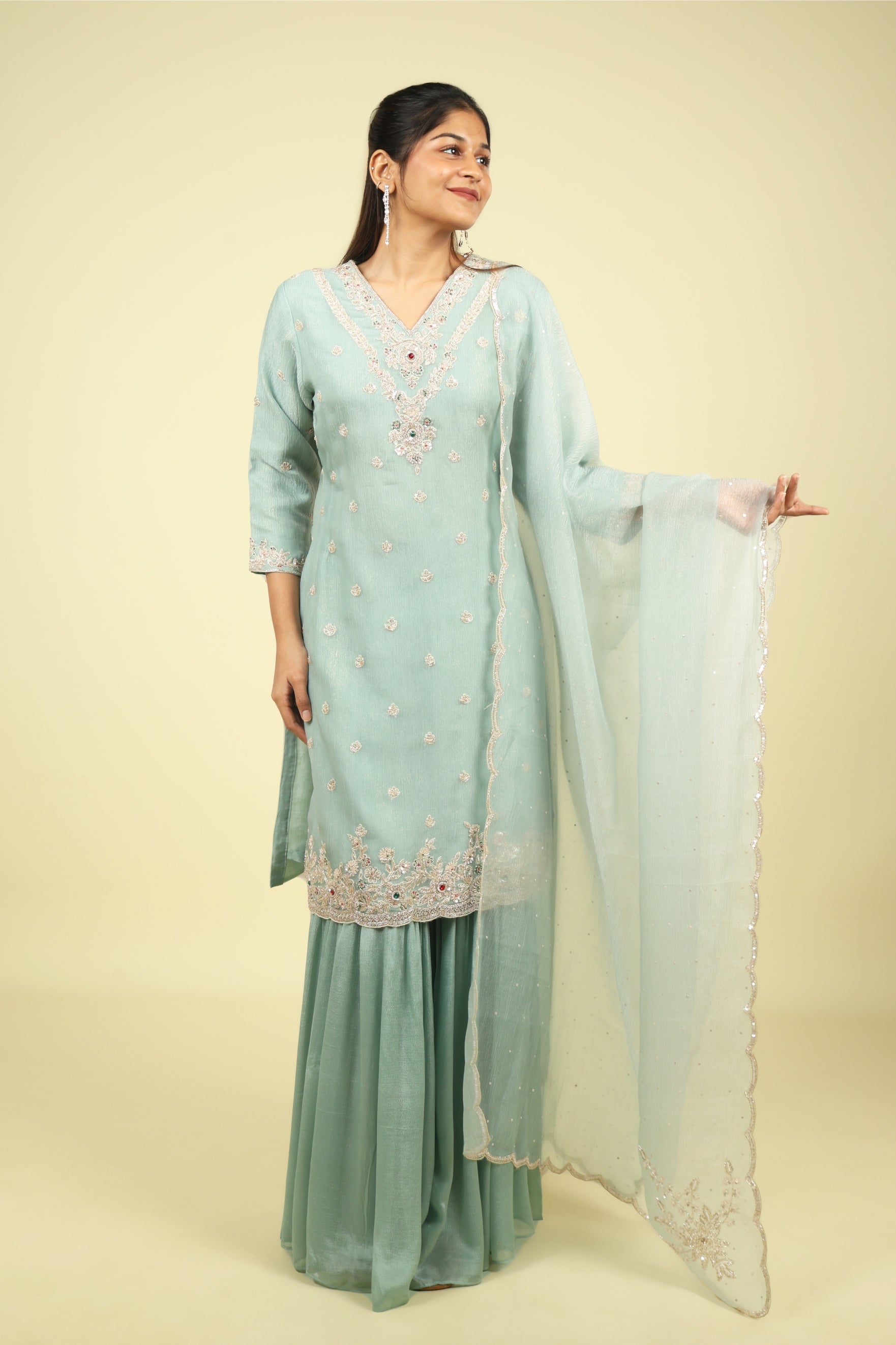 Light Blue Crush Tissue Sharara Set with Cutdana & Pearl Embroidery - Mokshaa