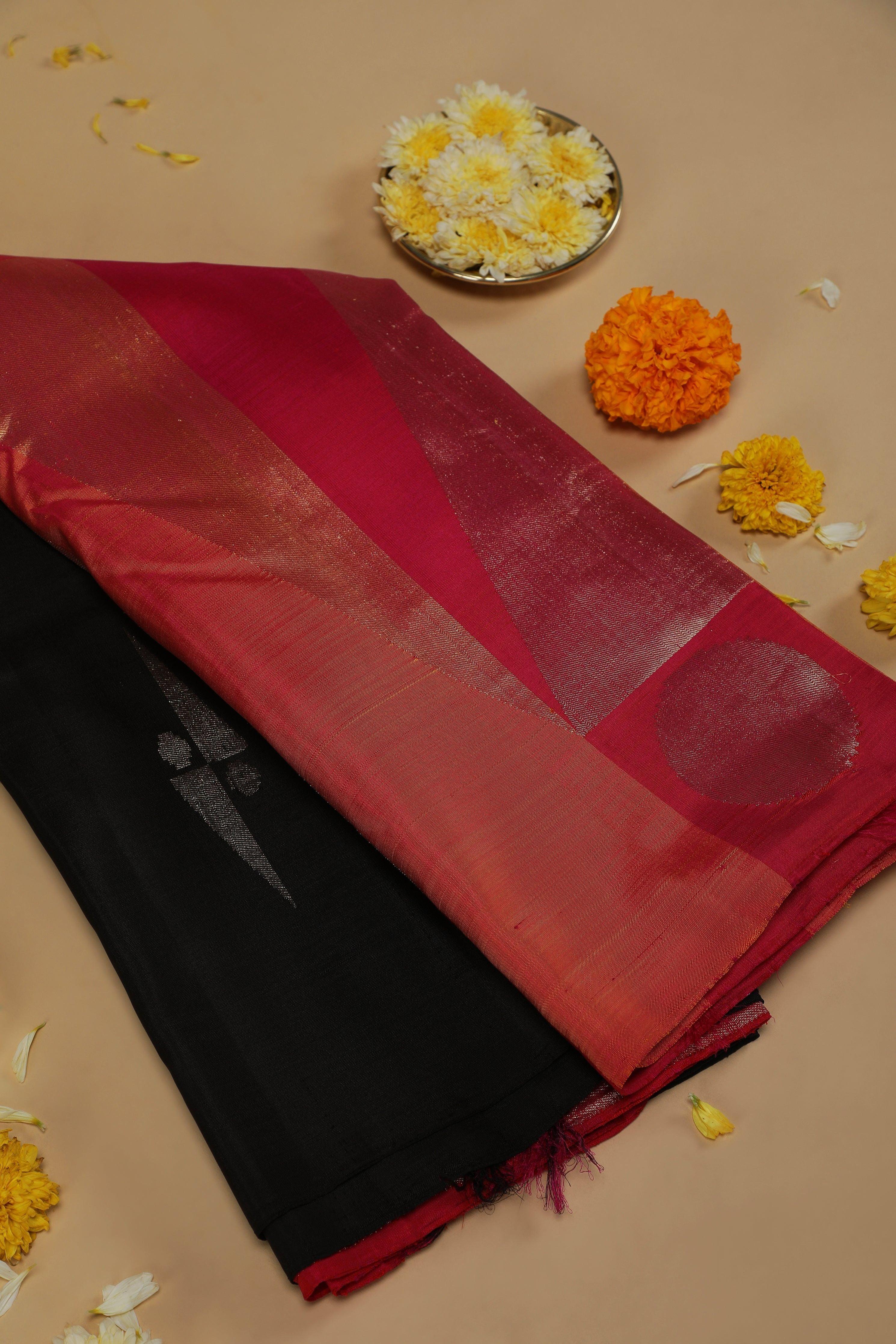 Black Kanchipuram Silk Saree with Coral-Orange Geometric Long Border - Mokshaa