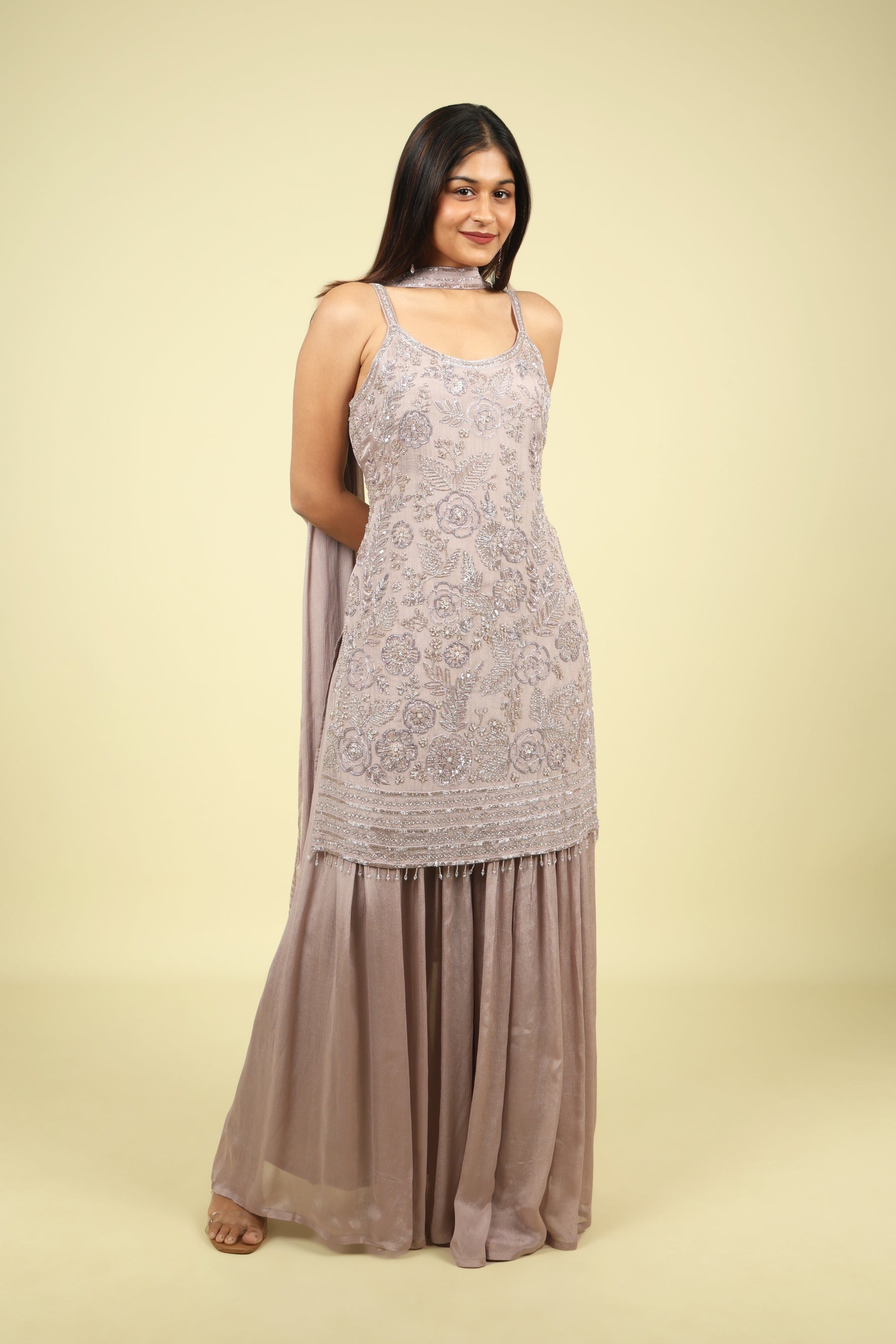 Dark Gold Chinon Sharara Set with Choker Dupatta - Mokshaa