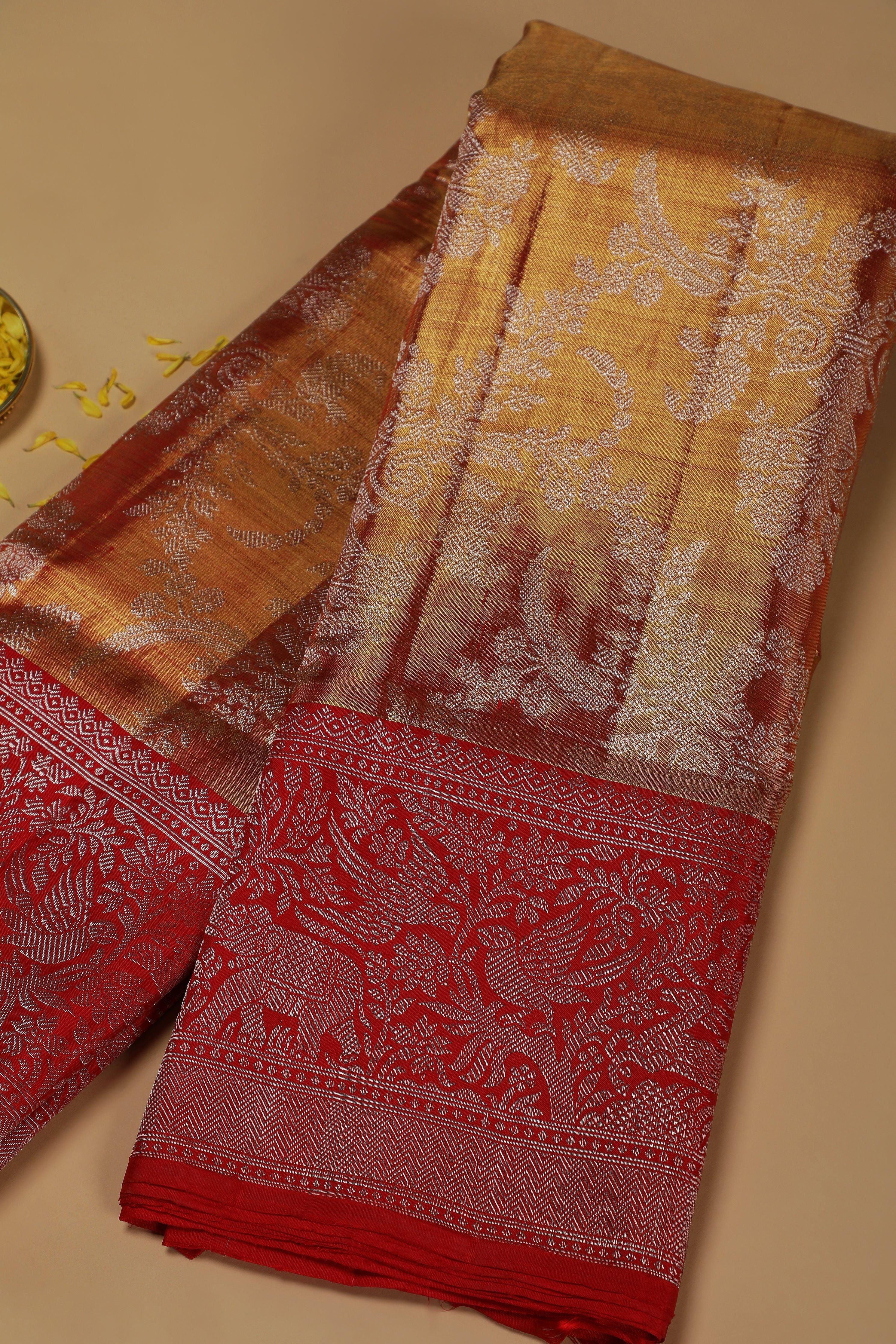 Burnt Gold Tissue Silk Saree with Zari Jaal and Red Korvai Border - Mokshaa