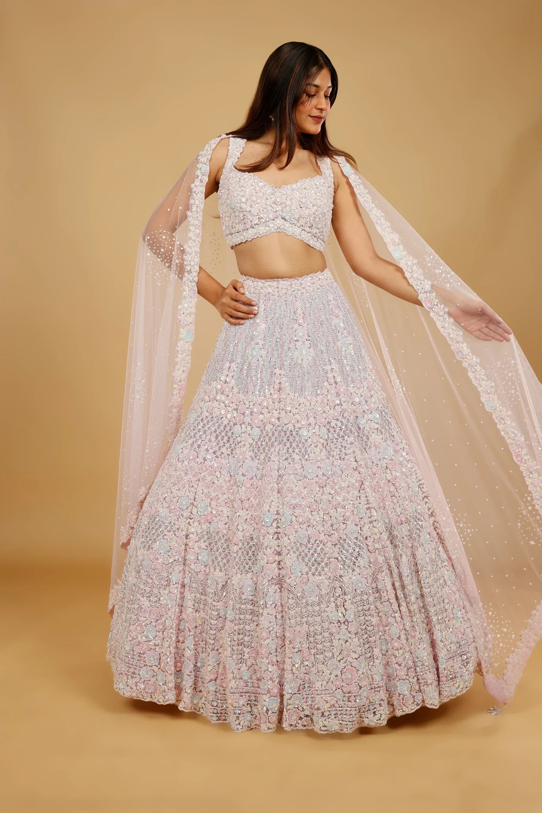 Pink Net Lehenga Set with Multi-Colour Sequin, Pearl & Stone Embroidery - Mokshaa