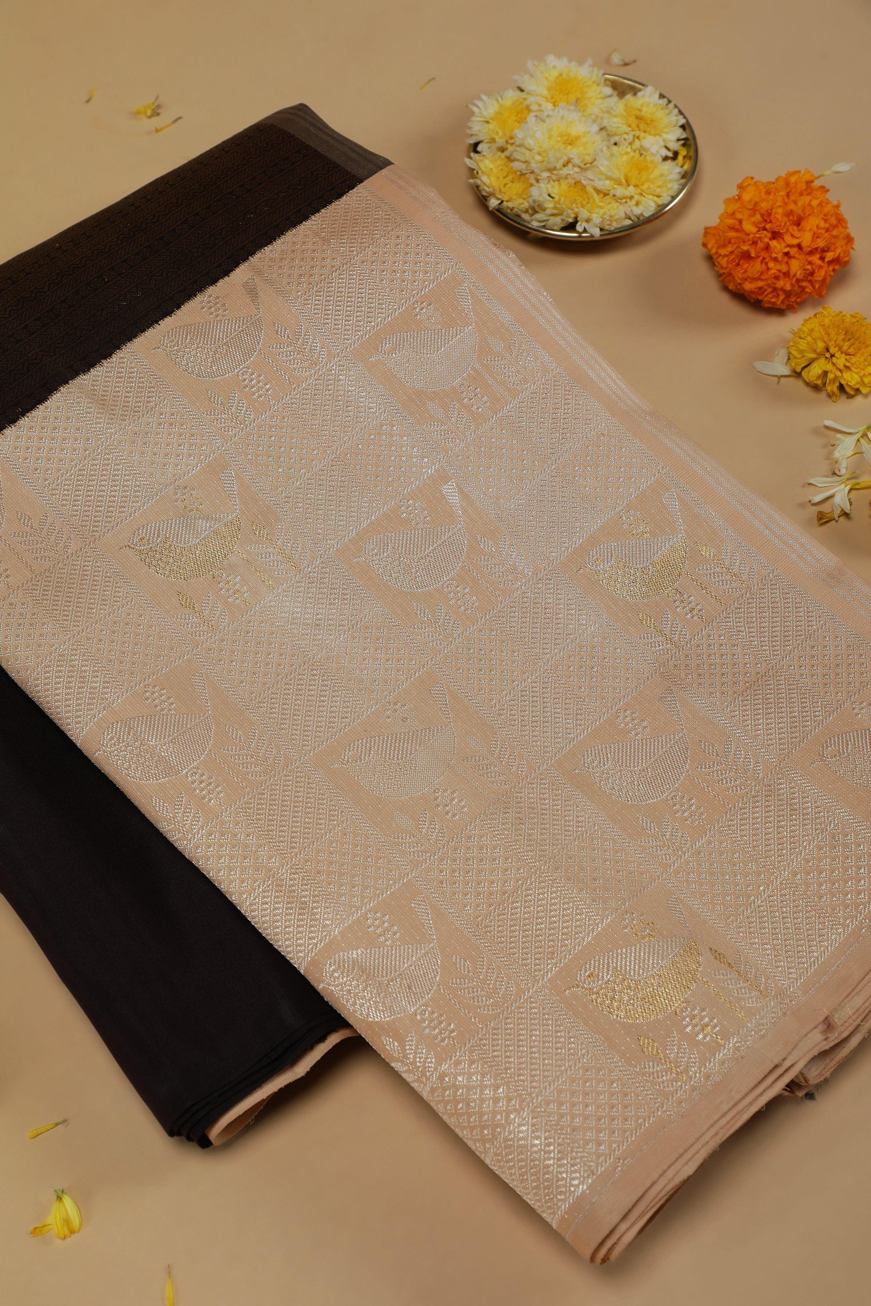 Black Kanchipuram Silk Saree with Geometric Zari and Cream Animal Border - Mokshaa