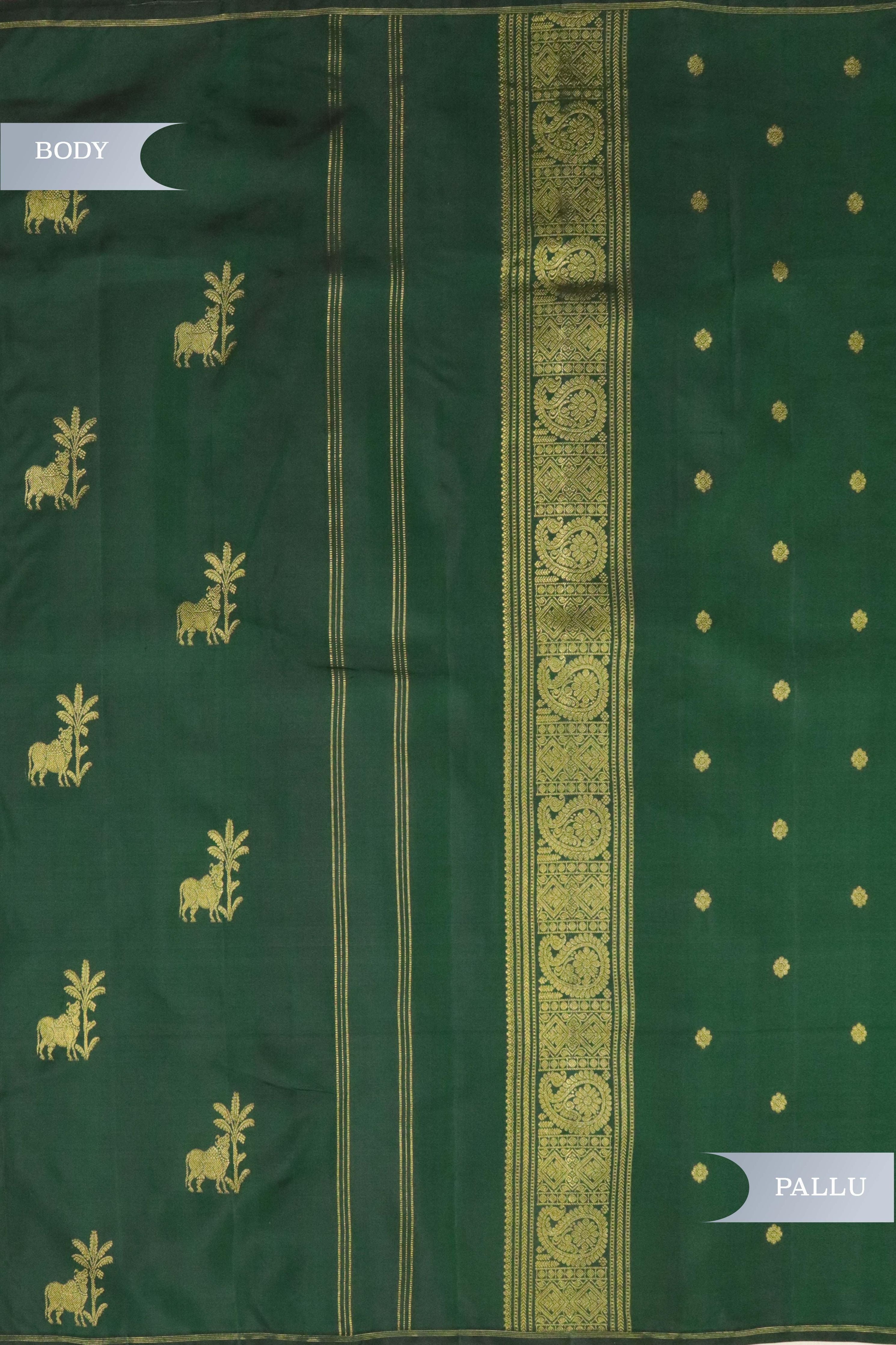 Bottle Green Kanchipuram Silk Saree with Zari Figure Motifs - Mokshaa
