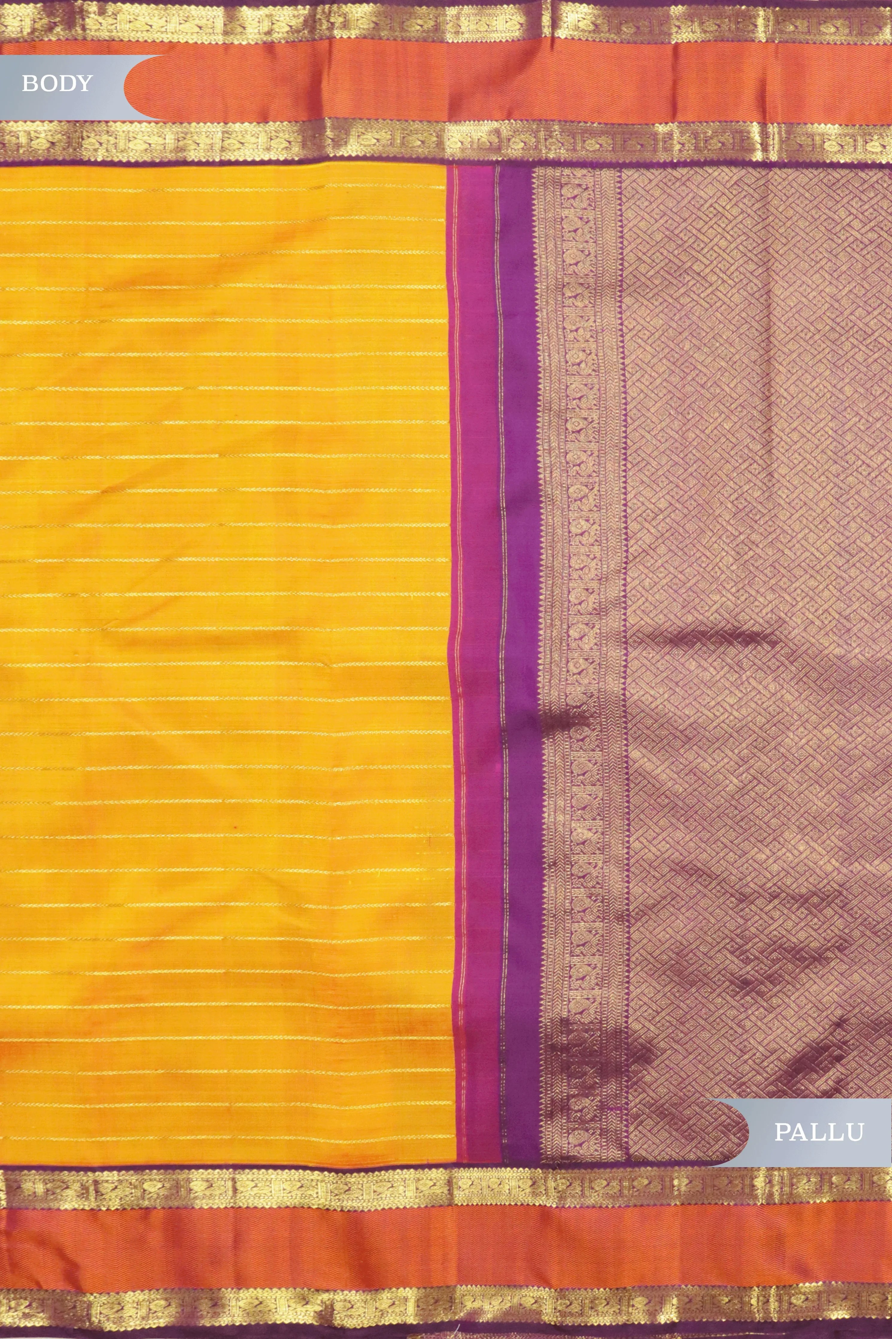 Orange Kanchipuram Silk Saree with Zari Horizontal Lines & Thread Weaving Border - Mokshaa