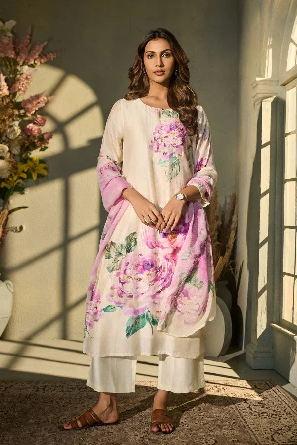 Ivory Muslin Kurta Set with Pink Floral Print & Dupatta - Mokshaa
