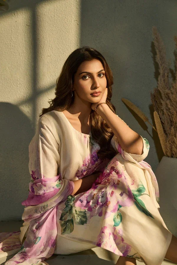 Ivory Muslin Kurta Set with Pink Floral Print & Dupatta - Mokshaa
