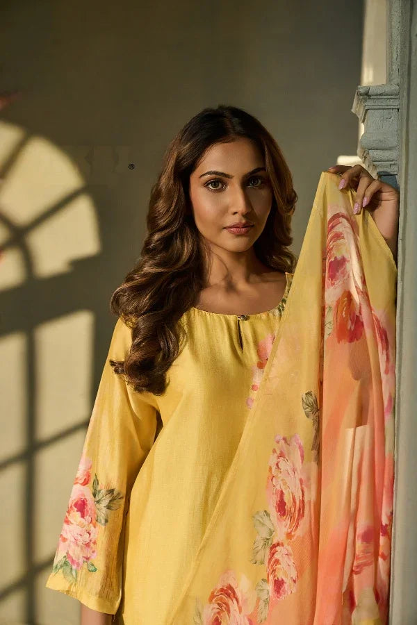 Sunshine Yellow Muslin Kurta Set with Floral Print & Dupatta - Mokshaa