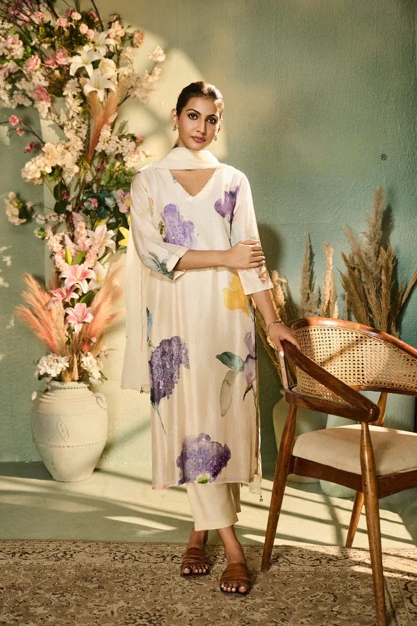Ivory Muslin Kurta Set with Watercolor Floral Print & Dupatta - Mokshaa