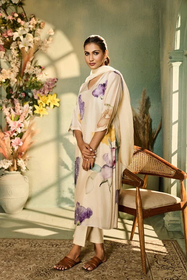 Ivory Muslin Kurta Set with Watercolor Floral Print & Dupatta - Mokshaa
