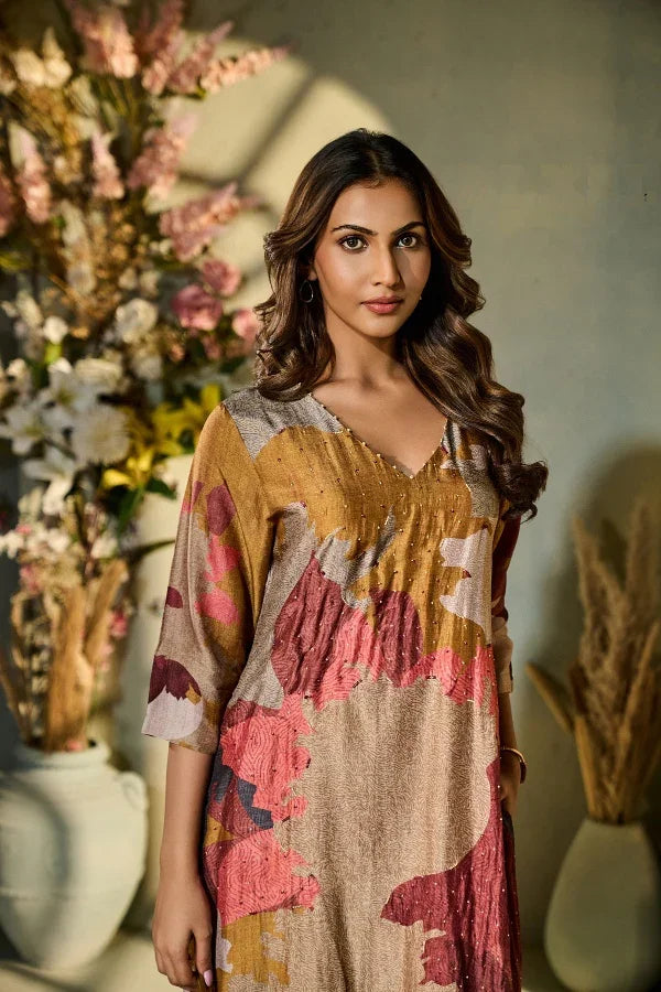 Mustard Abstract Printed Muslin Kurta Set with Dupatta - Mokshaa