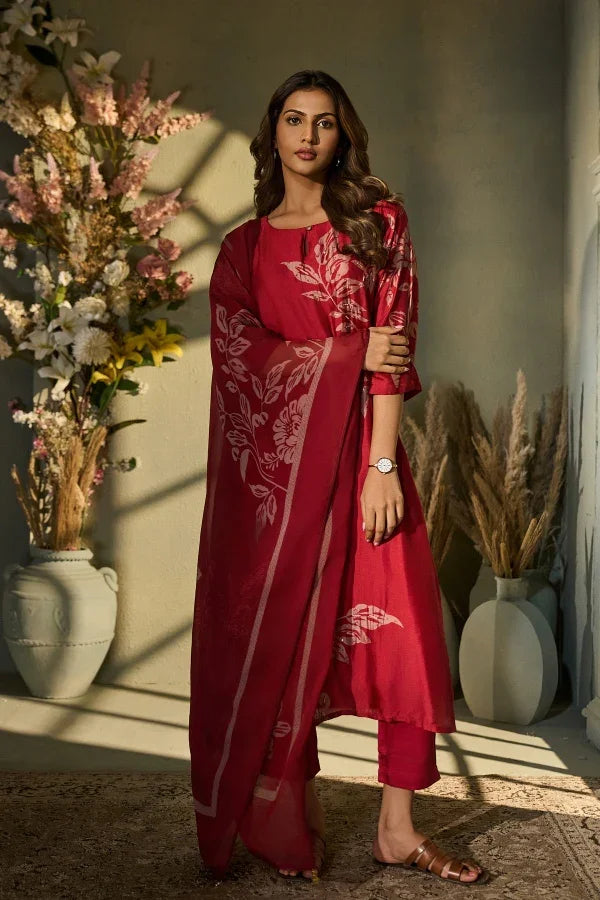 Crimson Muslin Kurta Set with Botanical Print & Dupatta - Mokshaa