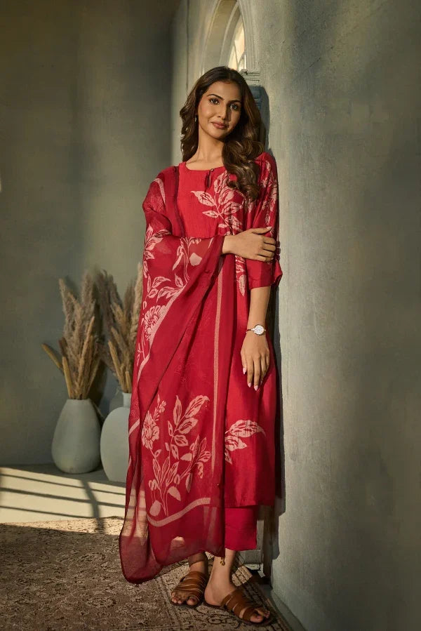 Crimson Muslin Kurta Set with Botanical Print & Dupatta - Mokshaa