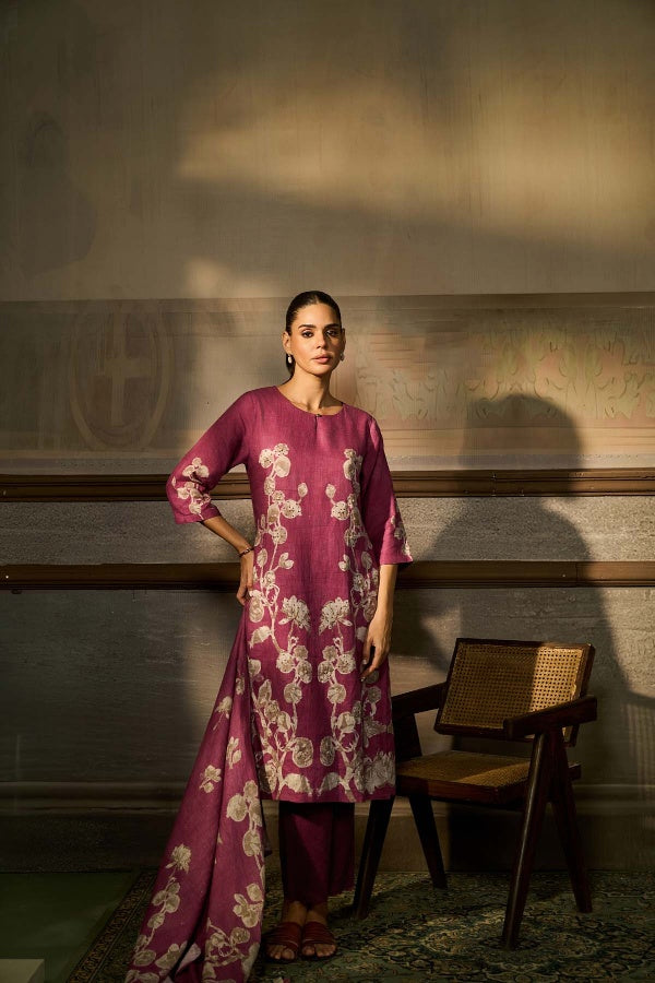 Wine Magenta Linen Floral Printed Kurta Set - Mokshaa