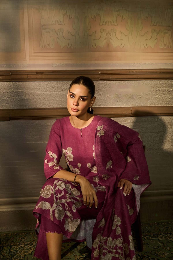 Wine Magenta Linen Floral Printed Kurta Set - Mokshaa