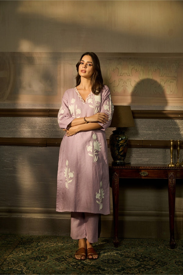 Dusty Lavender Floral Embroidered Kurta Set