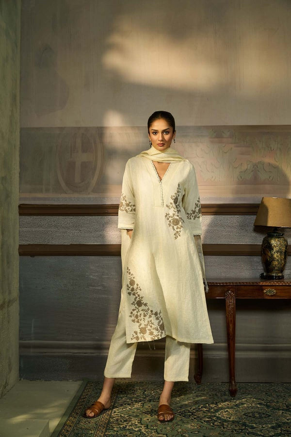 Ivory Linen Kurta Set with Thread Embroidery - Mokshaa
