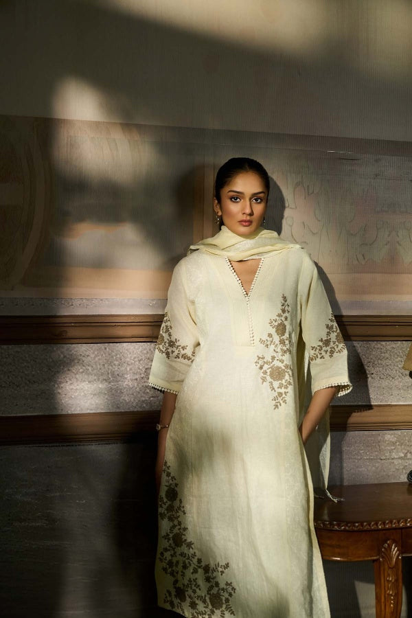Ivory Linen Kurta Set with Thread Embroidery - Mokshaa