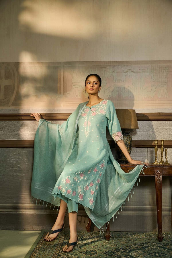 Powder Blue Linen Kurta Set with Floral Thread Embroidery - Mokshaa