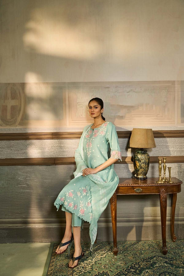 Powder Blue Linen Kurta Set with Floral Thread Embroidery - Mokshaa