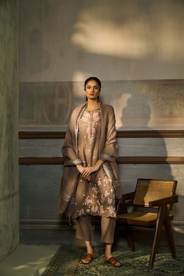 Taupe Mocha Linen Kurta Set with Floral Thread Embroidery - Mokshaa