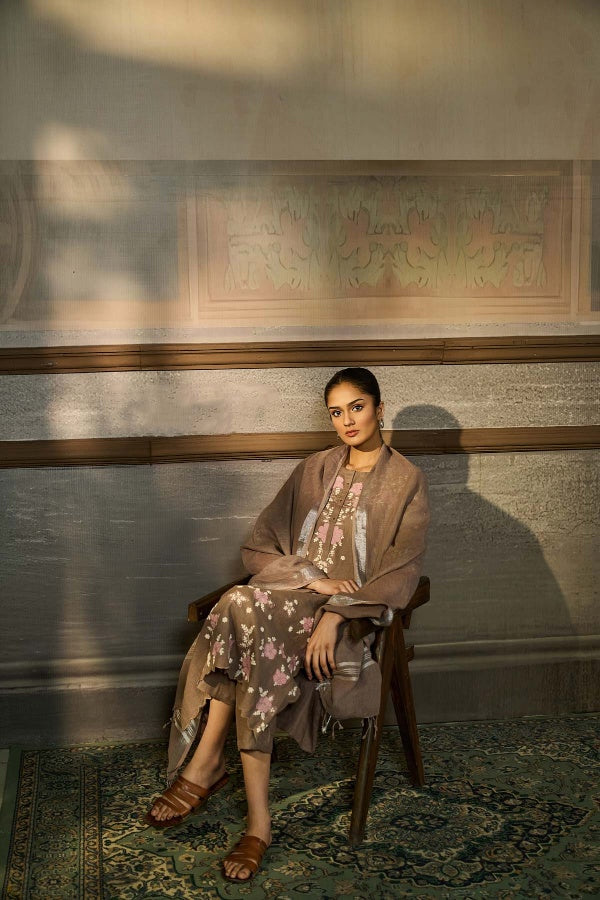 Taupe Mocha Linen Kurta Set with Floral Thread Embroidery - Mokshaa