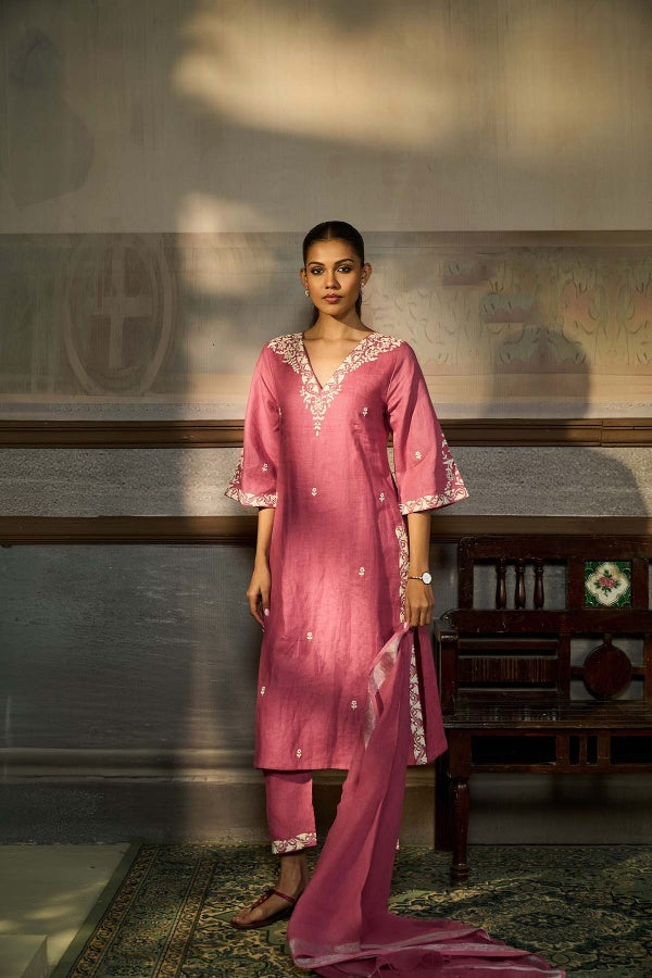 Rose Pink Linen Kurta Set with White Thread Embroidery - Mokshaa