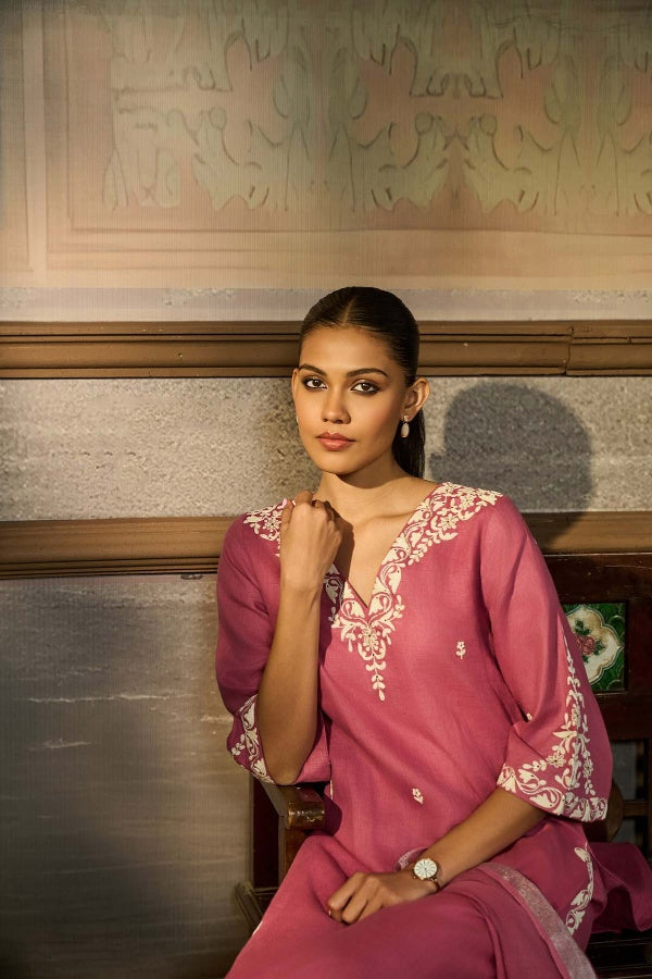 Rose Pink Linen Kurta Set with White Thread Embroidery - Mokshaa