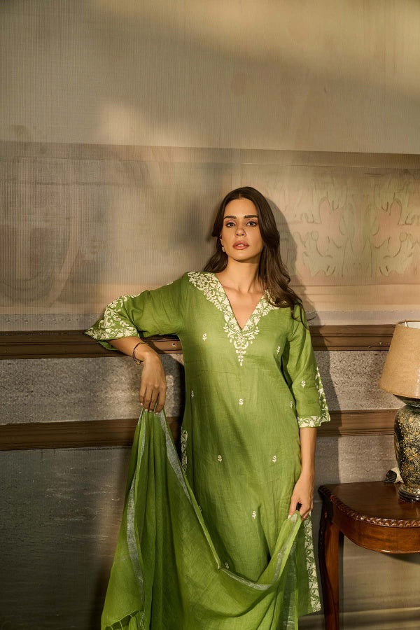 Moss Green Linen Kurta Set with Ivory Thread Embroidery - Mokshaa