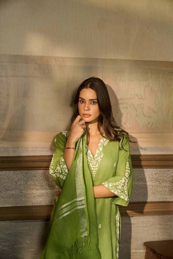 Moss Green Linen Kurta Set with Ivory Thread Embroidery - Mokshaa
