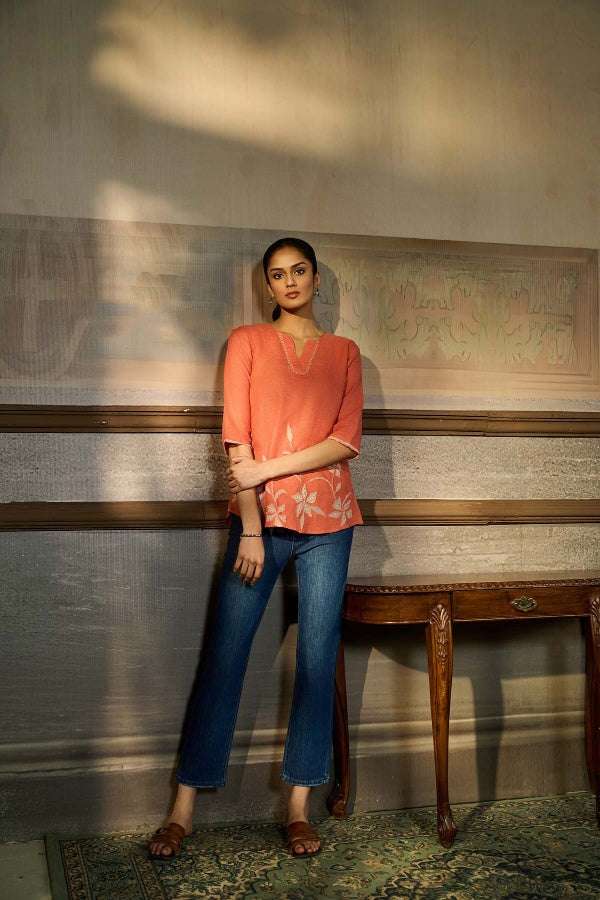 Coral Linen Top with Floral Applique - Mokshaa