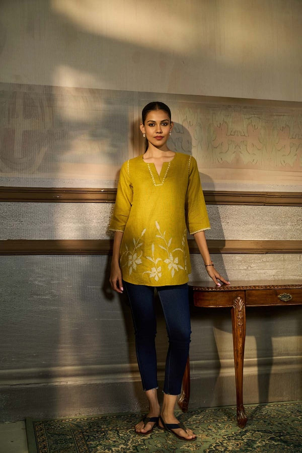 Chartreuse Linen Top with Floral Applique - Mokshaa