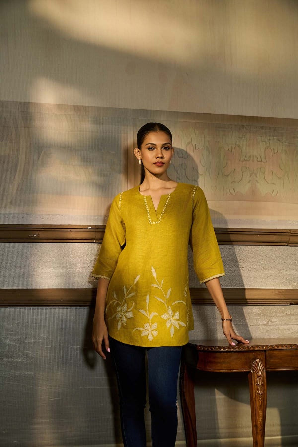 Chartreuse Linen Top with Floral Applique - Mokshaa
