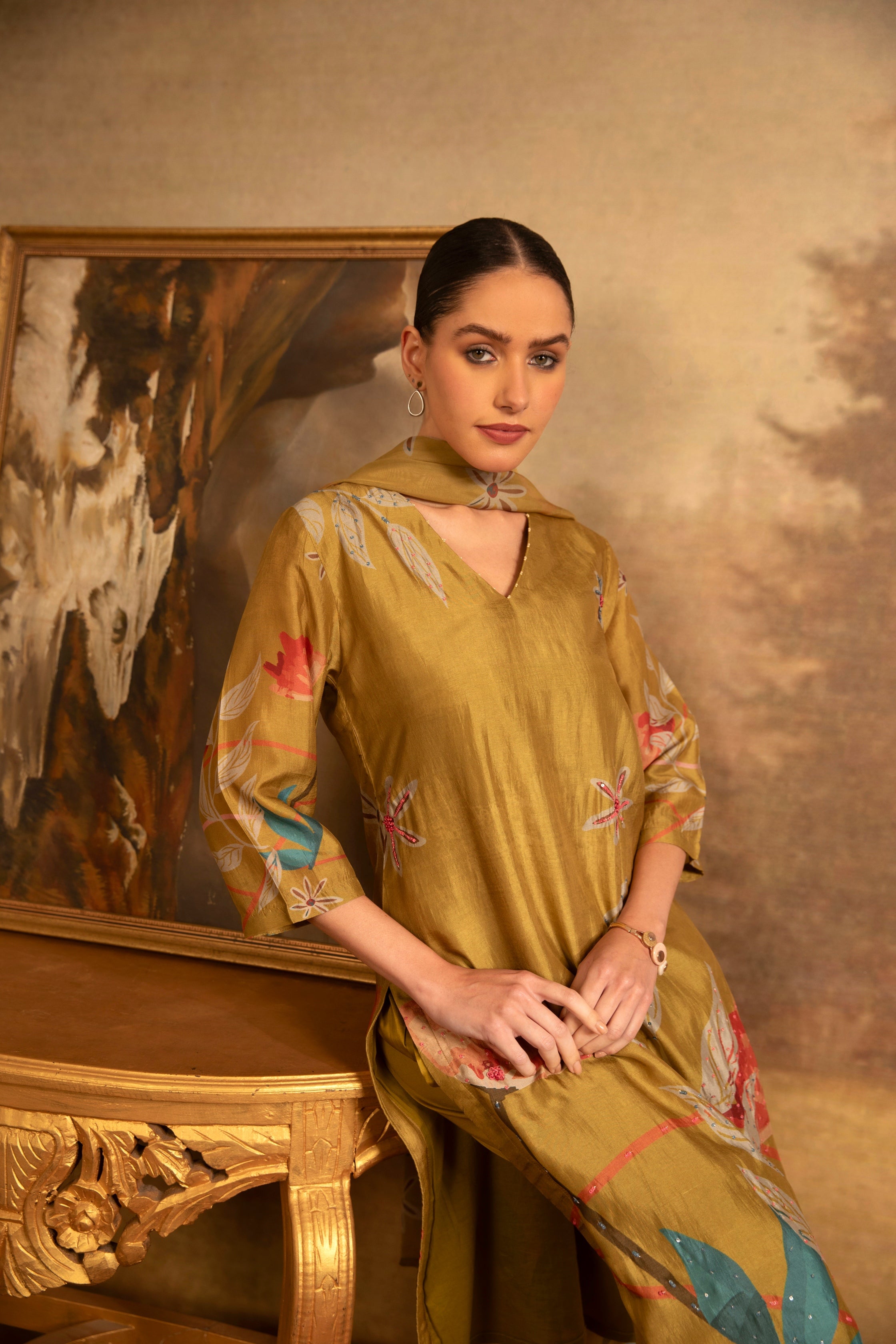 Olive Gold Floral Salwar Set