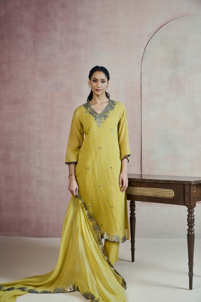 Mustard Green Mul Chanderi Kurta Set with Floral Zari Embroidery - Mokshaa